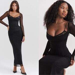 NWOT House of CB  Katarina Black Corset Lace Mesh Long Sleeve Gown Sz XS